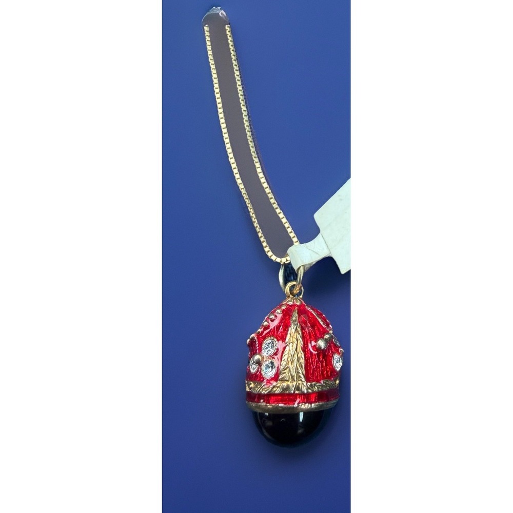 Italian 925 Sterling Russian-style Egg Pendant Necklace Red Enamel CZ Italy - Picture 3 of 6